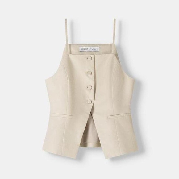 [SOLD] Cream and tan linen sleeveless vest with button closure - Picture 4 of 4